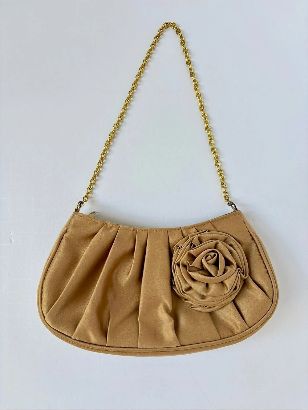 Bellezza Champagne Gold Satin Pleated Rosette Evening Bag